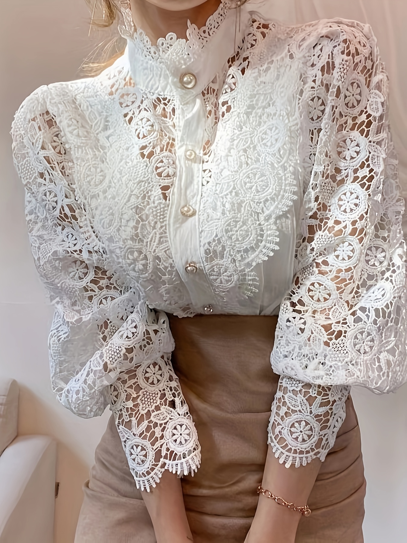 2026 spring summer new womens lace blouse hollow lantern - Temu