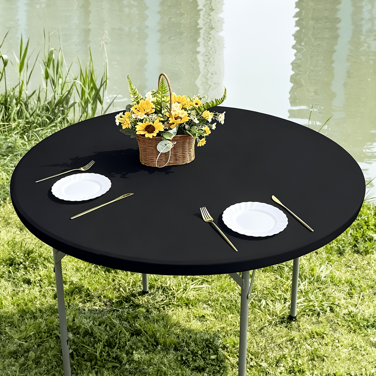 TEMU 1pc Round Elastic Tablecloth, Polyester Stretch Washable Table Cover, Suitable For Outdoor Parties, Picnics, Camping, Birthdays, Weddings,