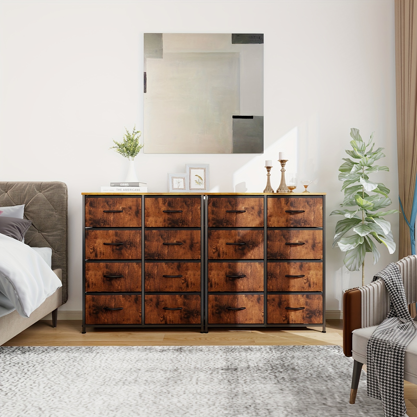 2pcs Dresser For Bedroom With Metal Frame Adustale Foot Height, Can Install Or Fixed To The Wall, Indoor Use, Lightweight, Total 16 Drawers