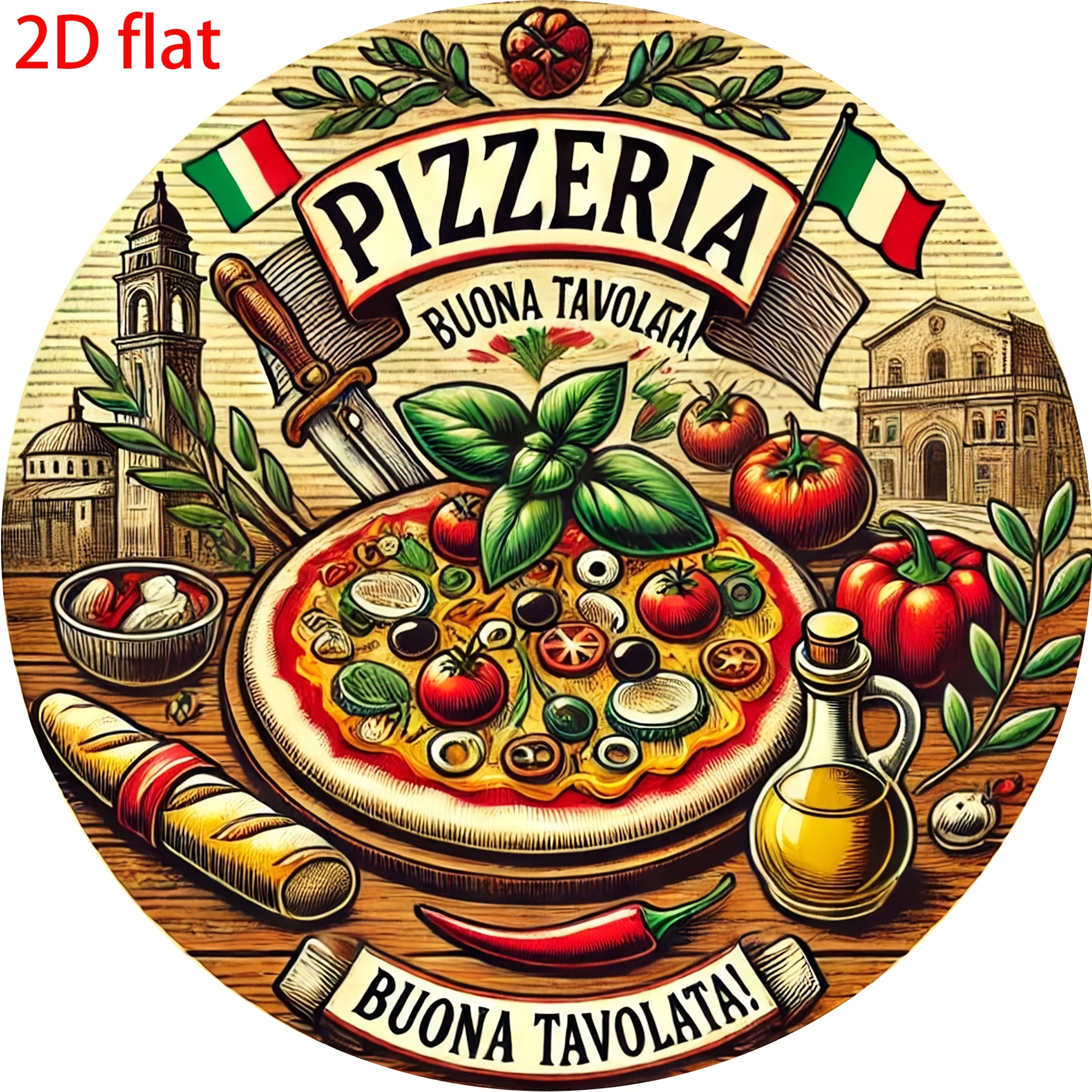 TEMU Vintage Italian Metal Wall Sign - 8x8 Inch Round Aluminum Art With " " Design, Featuring Pizza, Tomatoes, And Basil - Home, Bar, Cafe Decor,