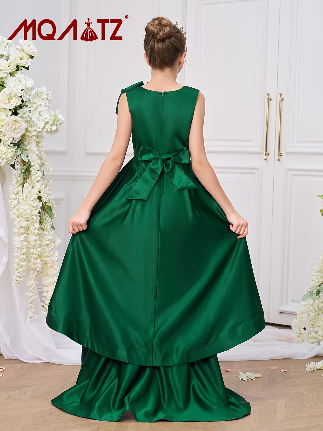 * Girls' Elegant Emerald Green Gown with 3D Floral Bow & * Embellishments,  High-Low Princess Dress for Parties & Formal Events, Princess Dresses for  Girls
