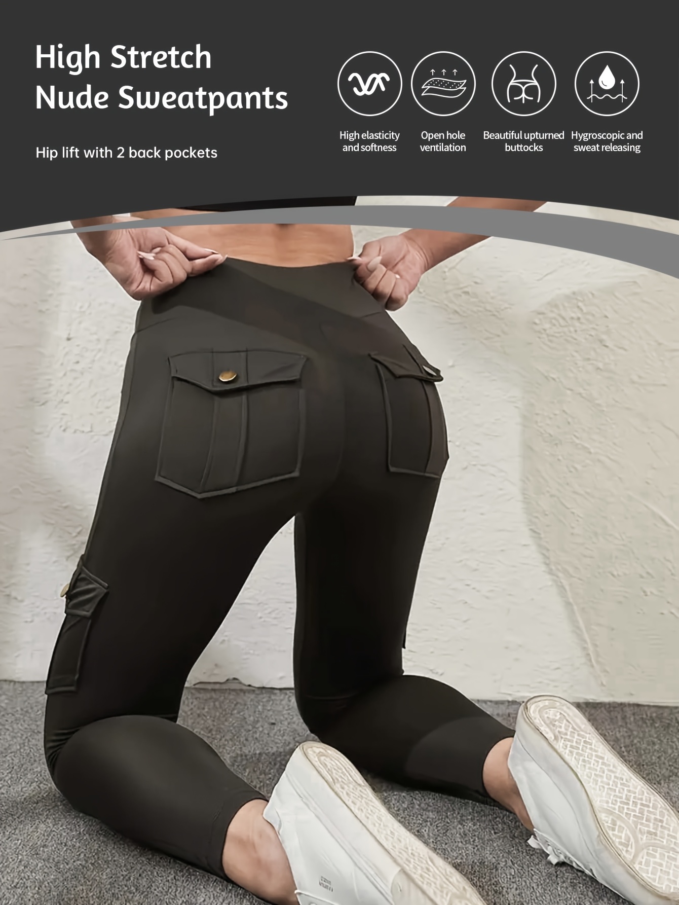 A woman wearing a black yoga leggings sold by 100 Spartans