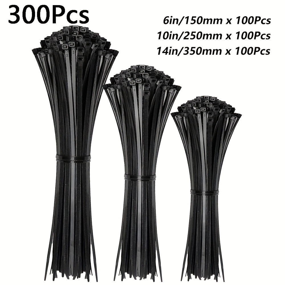 TEMU Assorted Sizes Zip Ties (4-24 Inch) - 300 Pack, Heavy Duty Large Zip Ties With 40-70 Lb Tensile Strength For Outdoor Use, Black, Long Cable Ties