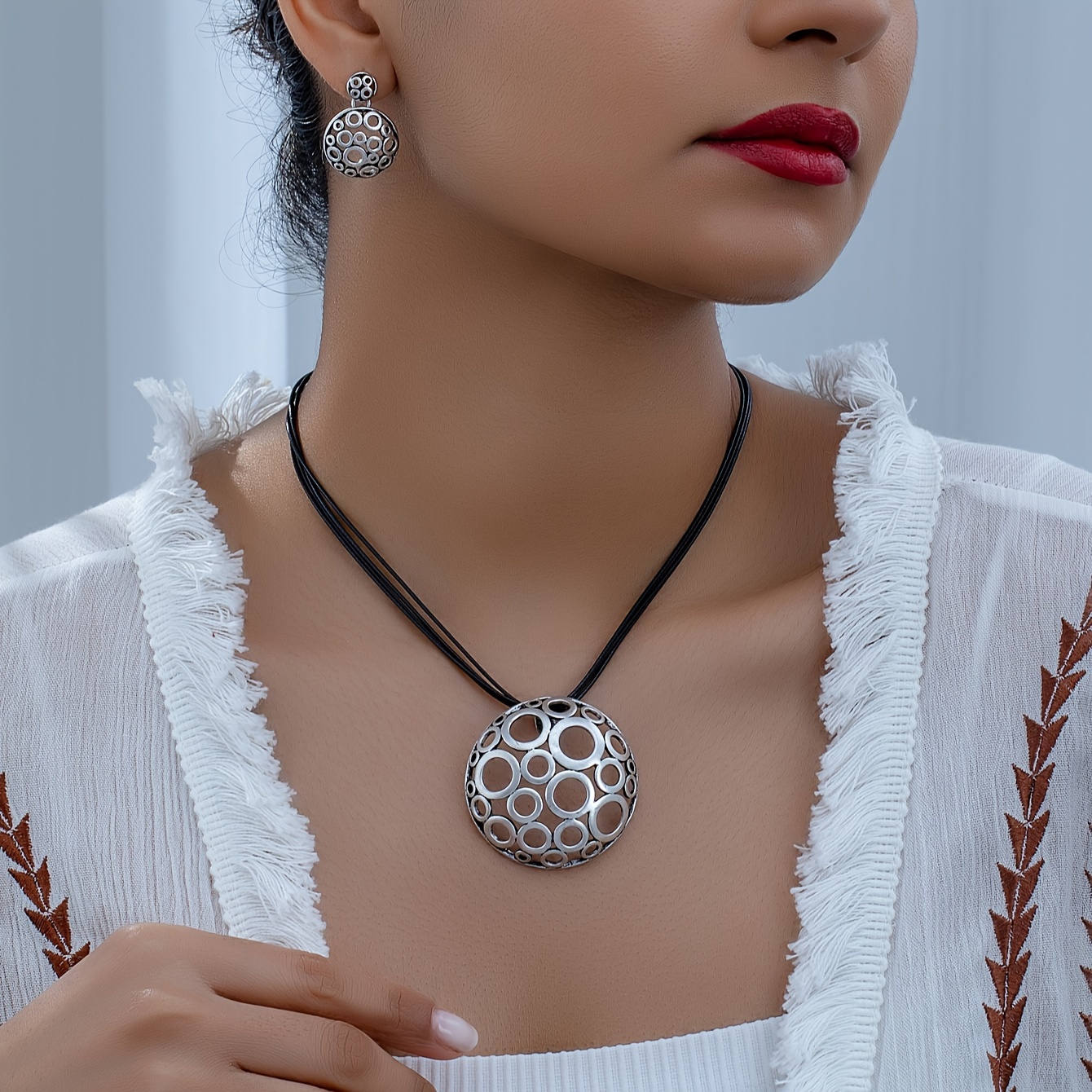 

1 Pair Stud Earrings +1 Pc Necklace With Hollow Round Pendant Zinc Alloy Jewelry Vintage Bohemian Style For Women Summer Decor