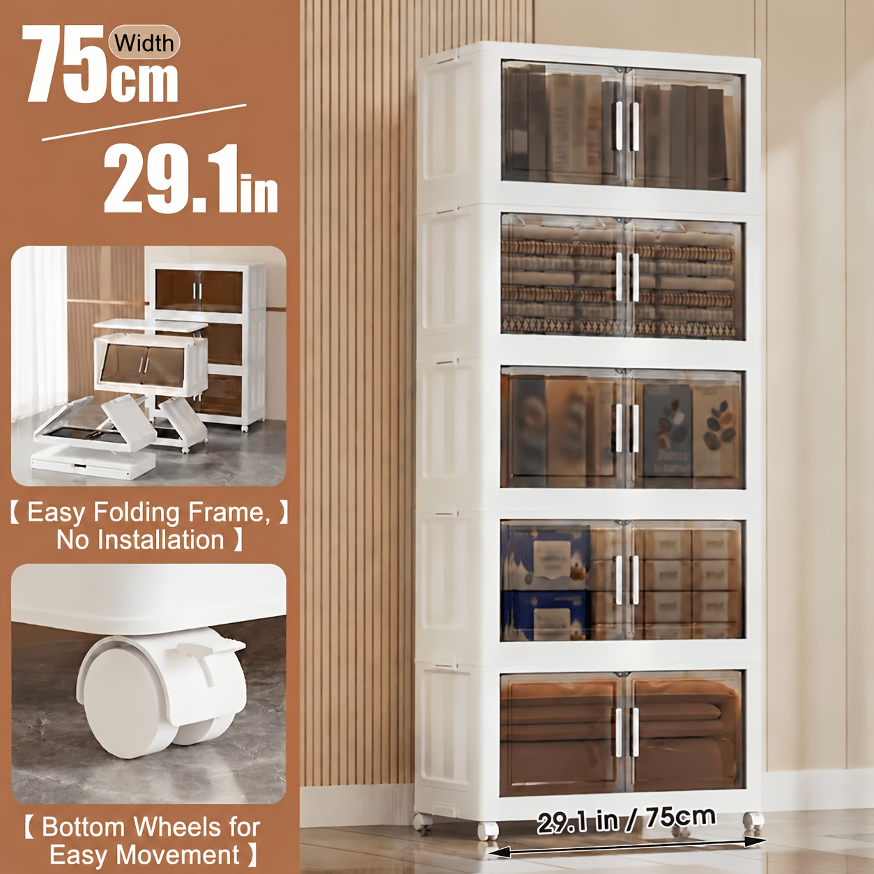 TEMU Meuble de rangement extra large de 29,1 pouces, 3/4/5 niveaux, pliable et empilable, organisateur en plastique avec couvercles et roulettes pour