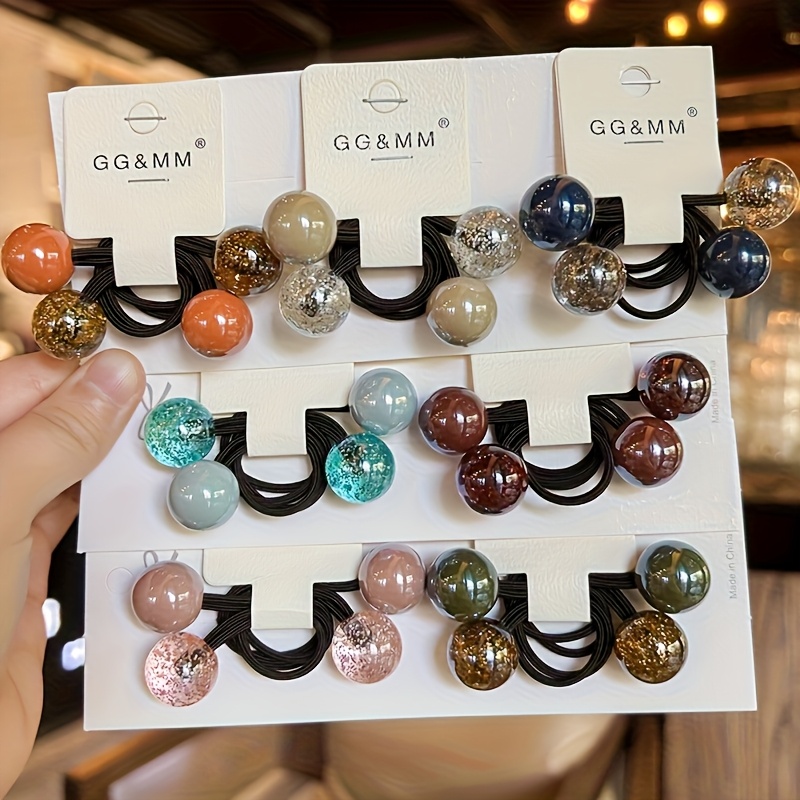 E-shop 7er/ Set Hochelastische Haargummis für Damen, Premium Dutt-Scrunchies mit Doppelperlen und Pferdeschwanzhalter