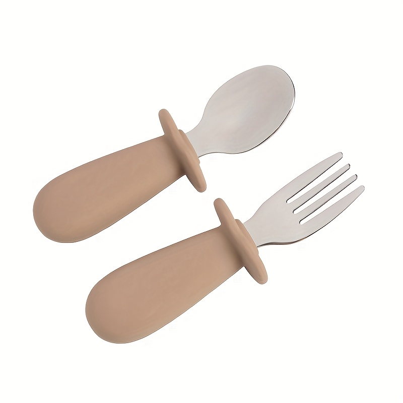 E-shop 2 Stück Baby Löffel Gabel Set Einfarbiges Kinderbesteck 316L Edelstahl Griff Geschirr für Babynahrung Füttern