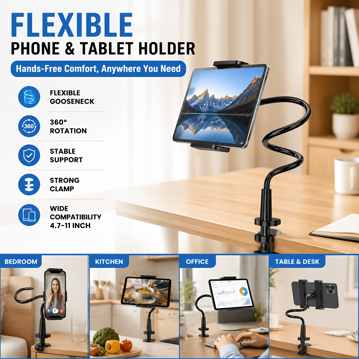 item picture flexible phone tablet holder stand 360 rotating gooseneck arm with strong clamp adjustable desk mount for 4 7 11 inch devices hands   for bed office kitchen and home