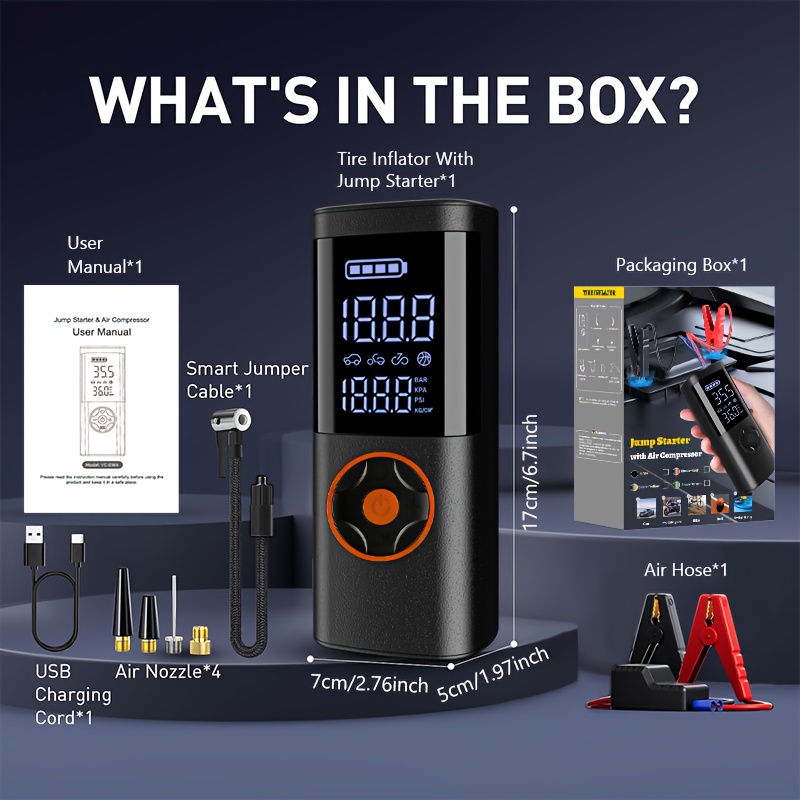 TEMU 10000a Upgraded Version Car Emergency Jump Starter With Air Compressor, 150psi Digital Tire Pressure Gauge, Led Lights, Battery , Built-in 12000mah High-capacity Battery, Holiday Gifts
