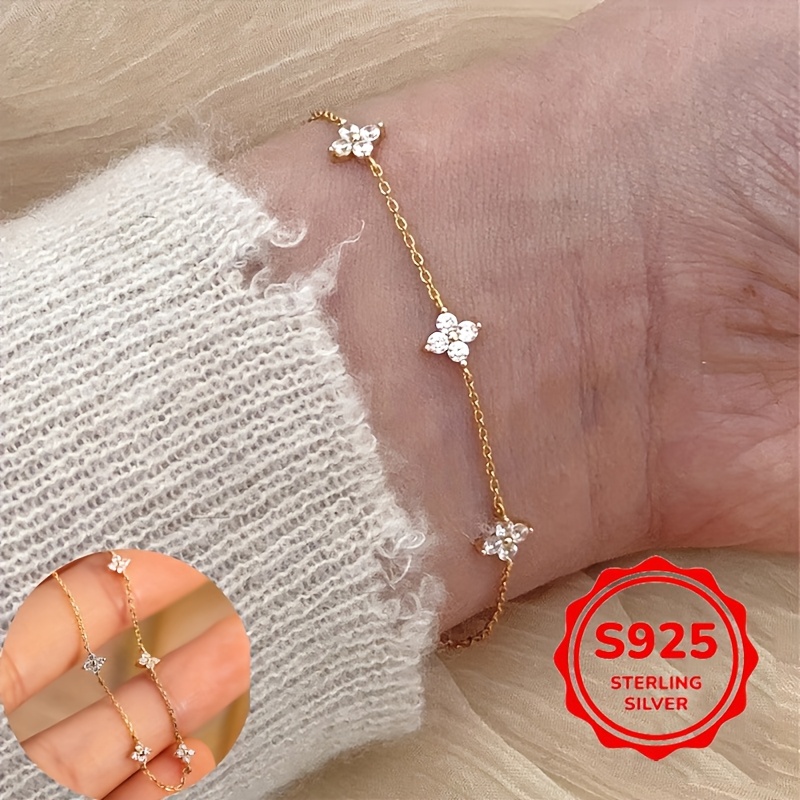 

1pc Elegant Luxury 925 Silver Clover Bracelet With Synthetic Zirconia, Lightweight Jewelry For And Gift