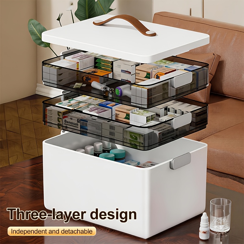 TEMU Boîte de rangement portable pour médicaments à 3 niveaux, grande , organisateur à plusieurs compartiments avec poignée pour trousse de secours,