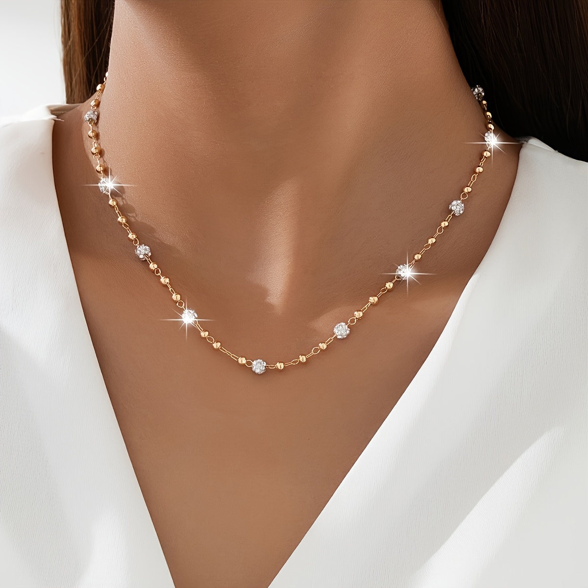 E-shop Europäische amerikanische modische, schlichte, elegante vielseitige Strass-Kugel-Halskette mit handverknüpfter Kette, eleganter, romantischer,