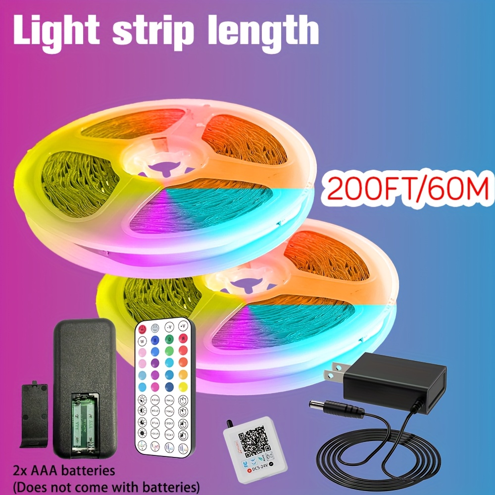 TEMU 200ft Led Ultra Long Smart Light Strips,, With 44-key Remote Control, Rgb Color Changing Music Synchronized Led Light Strip, App Controlled Led