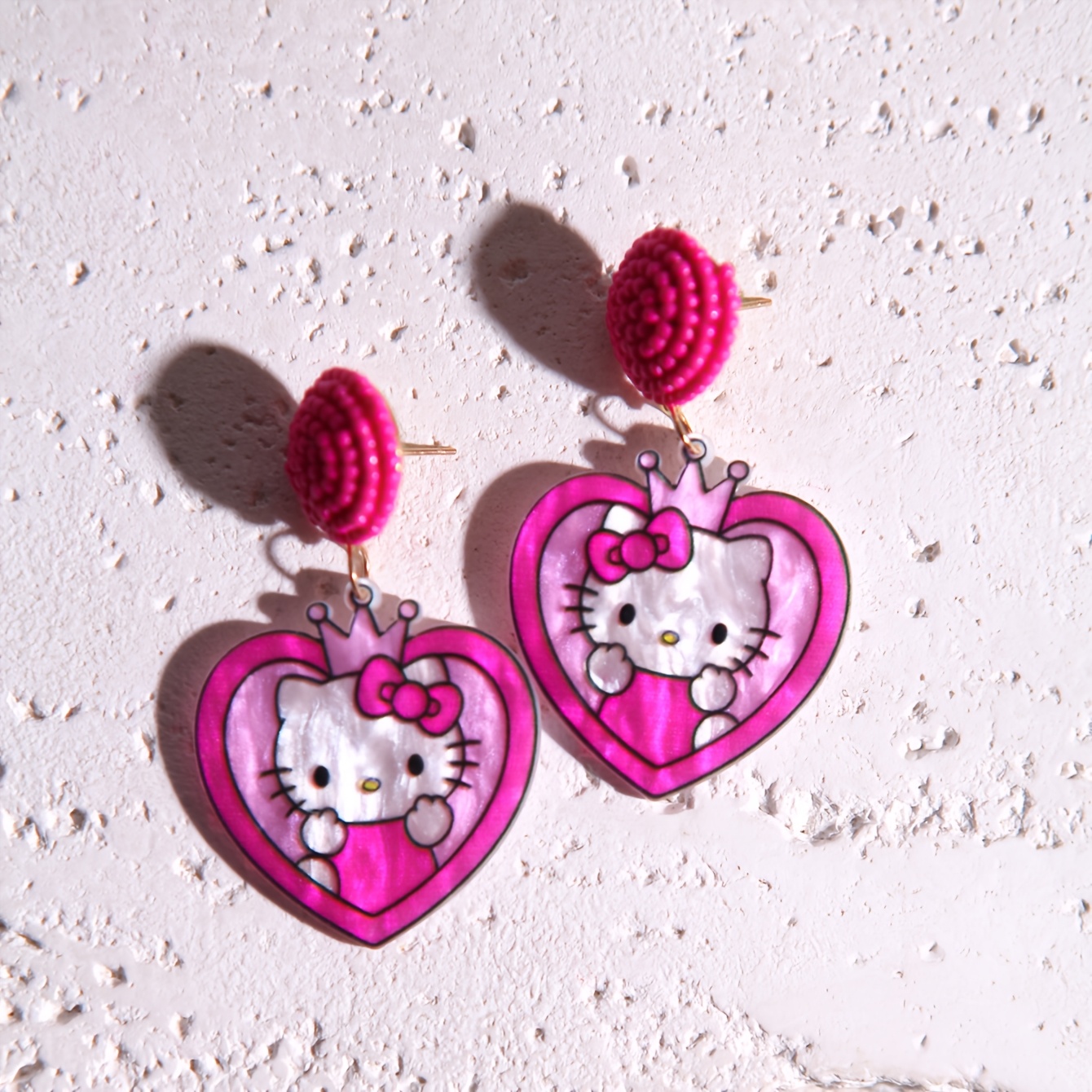 Handmade Glossy Resin Heart KT Cat Crown Drop Earrings