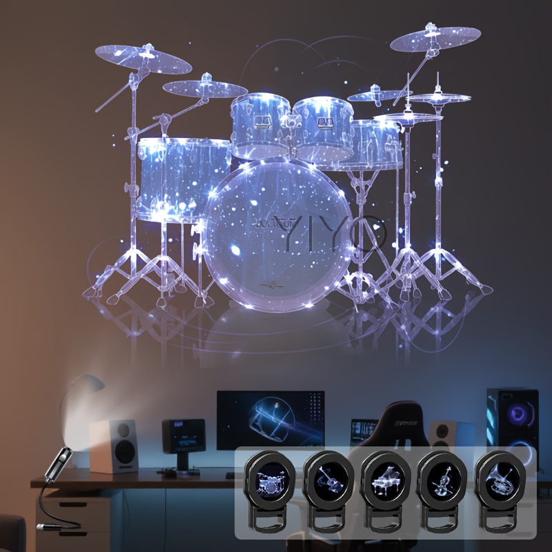 TEMU Instrument Usb Projector Light With Multiple Patterns: Piano, Drum Set, Guitar, Violin, French Horn. A Portable Projection Light For Ambient