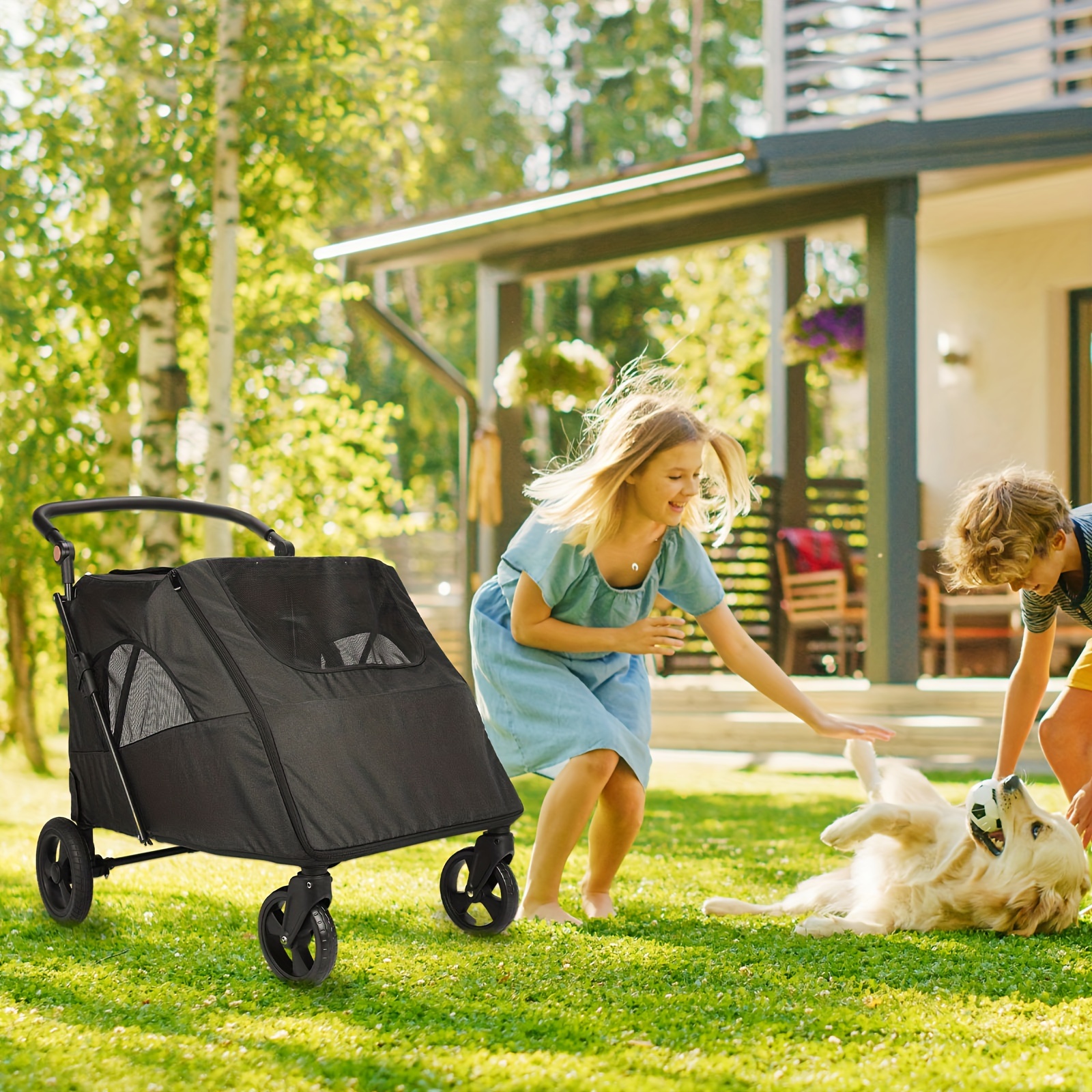 

Dog Stroller For Large Giant Dogs - Upto 120 Lbs Pet Jogger Wagon, Travel Folding Carrier With Adjustable Handle, Sunroof, Rear Brake, Security Leash