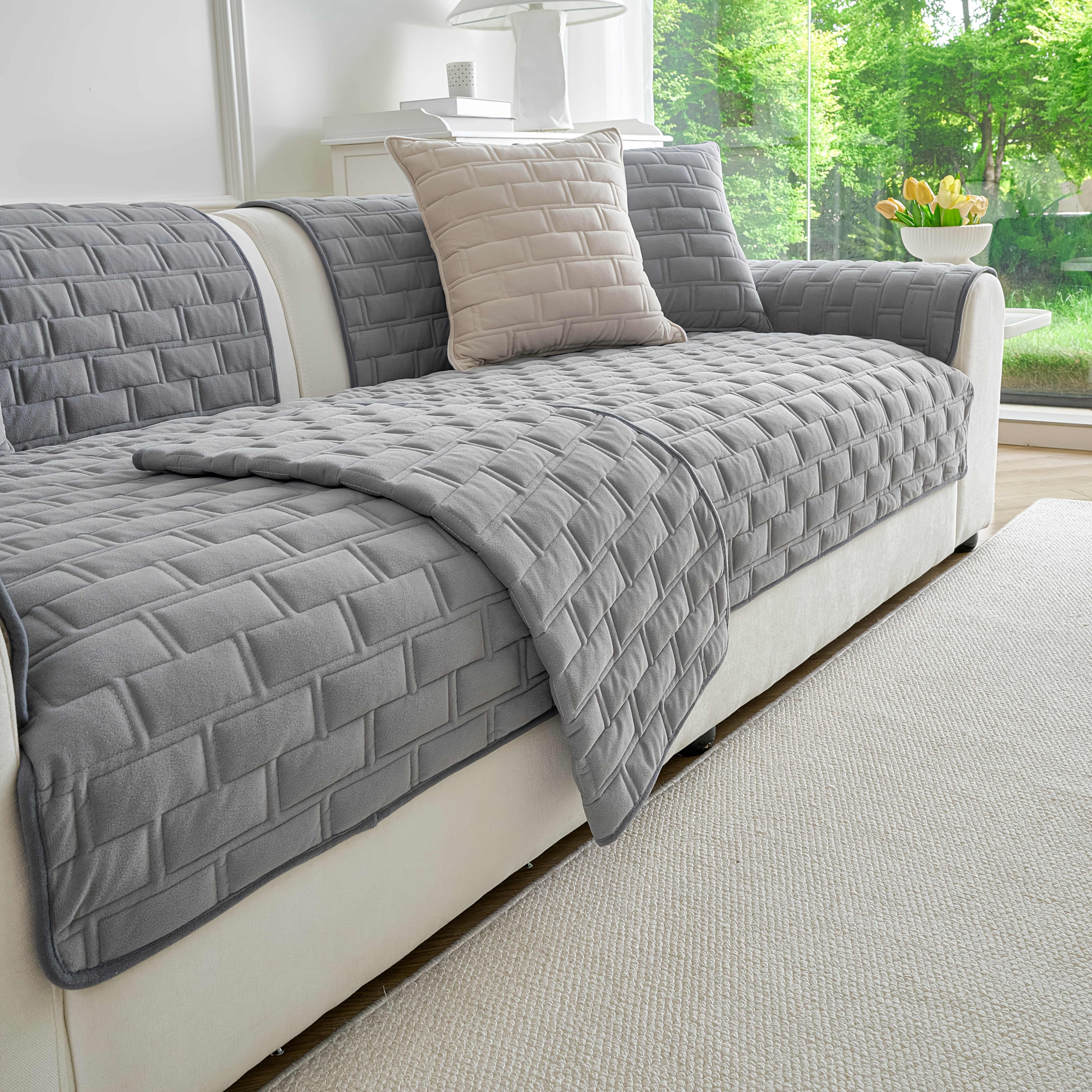 TEMU 1pc Plaid Quilted Sofa Cover, Modern Solid Color Sofa Cushion, Protective Cover Suitable For , Pet-friendly Scratch-resistant And Non-slip,