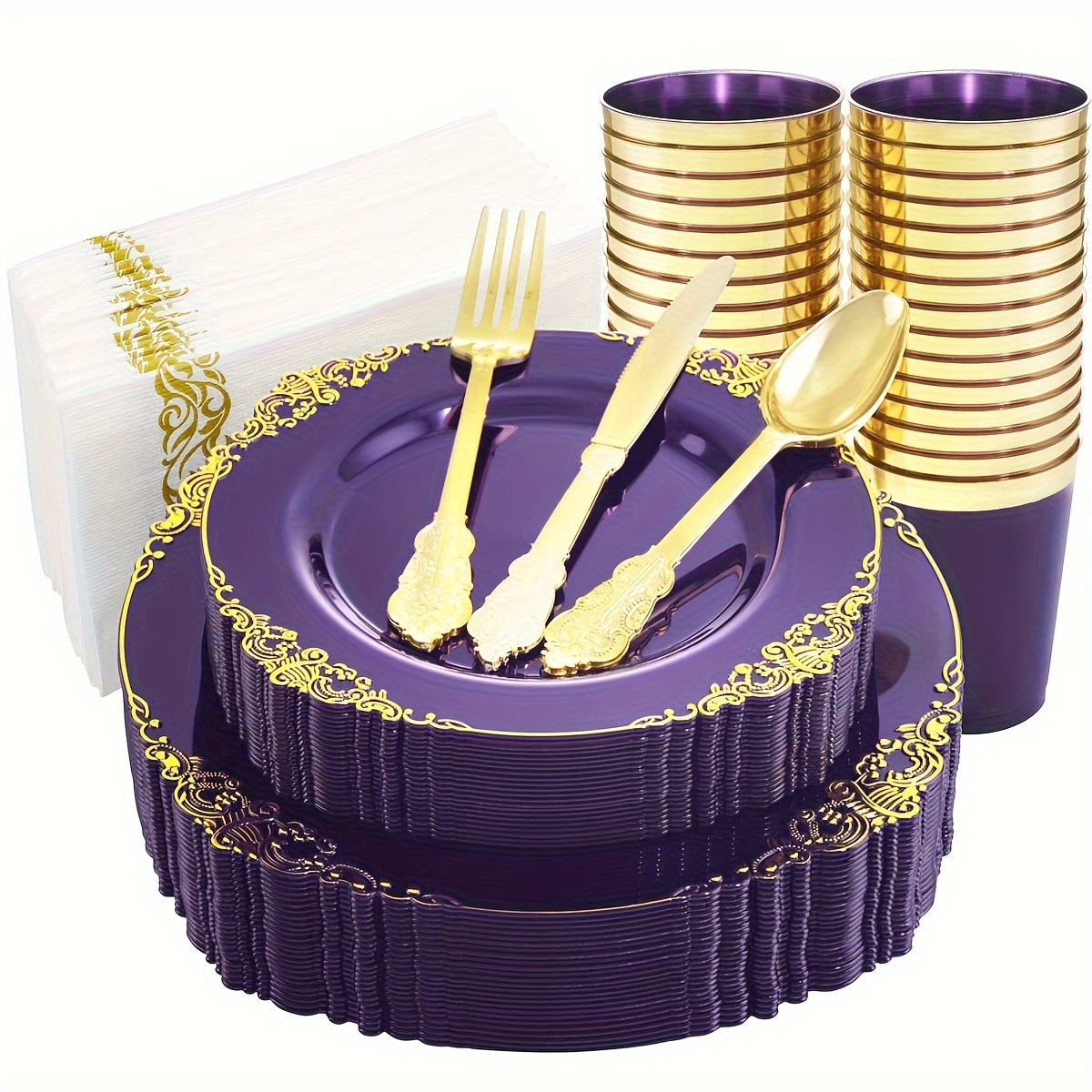 

175pcs Clear Purple Gold Plastic Plates For 25 Guests Include 25dinner & 25dessert Plates, 25cups, 25forks, 25knives, 25spoons, 25napkins For Wedding&party