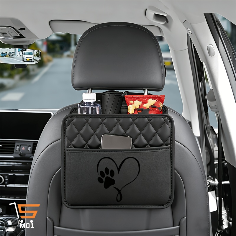 TEMU 1pc Paw Print Outline Pattern Print Car Seat Back Hanging Storage Bag Rear Seat Storage Pouch Faux Leather Organizer Perfect For Storing Trash