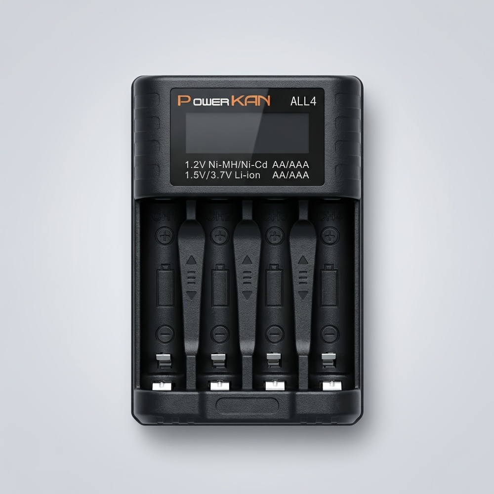 POWERKAN LCD 4-polni USB-C polnilec baterij, hitri polnilec za AA in AAA Nimh Li-Ion 1.2V/1.5V/3.7V polnilne baterije