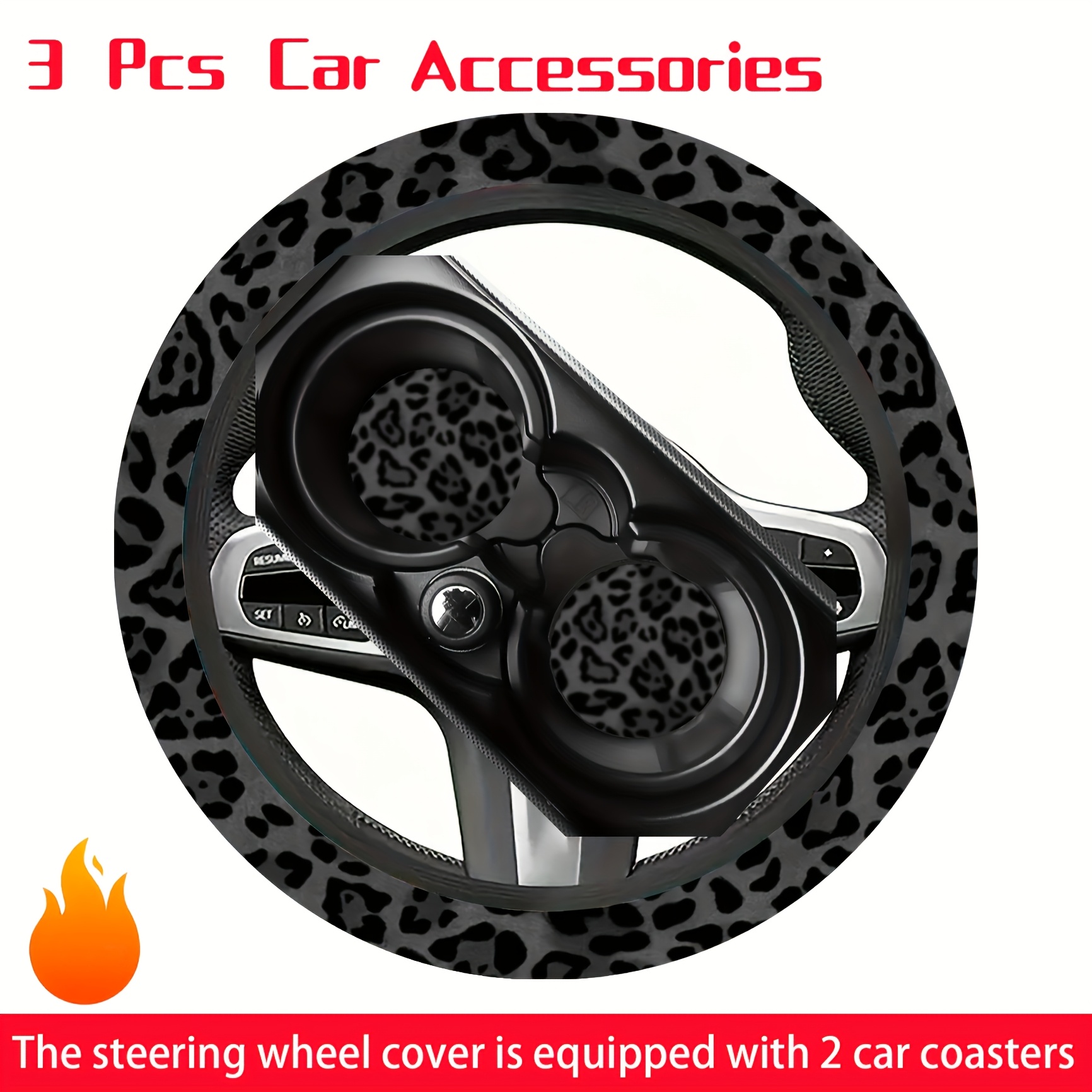 TEMU 3pcs Classic And Stylish Yellow/gray Leopard Print Steering Wheel Cover Set, Universal Size 15 Inches, Non , Includes 2 Coasters, Car Decor