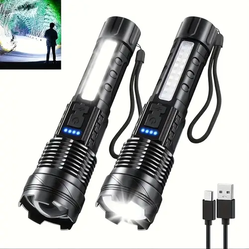 2 super powerful 90000 rechargeable torch flood light with side light for outdoor camping fishing hunting climbing adventure emergency