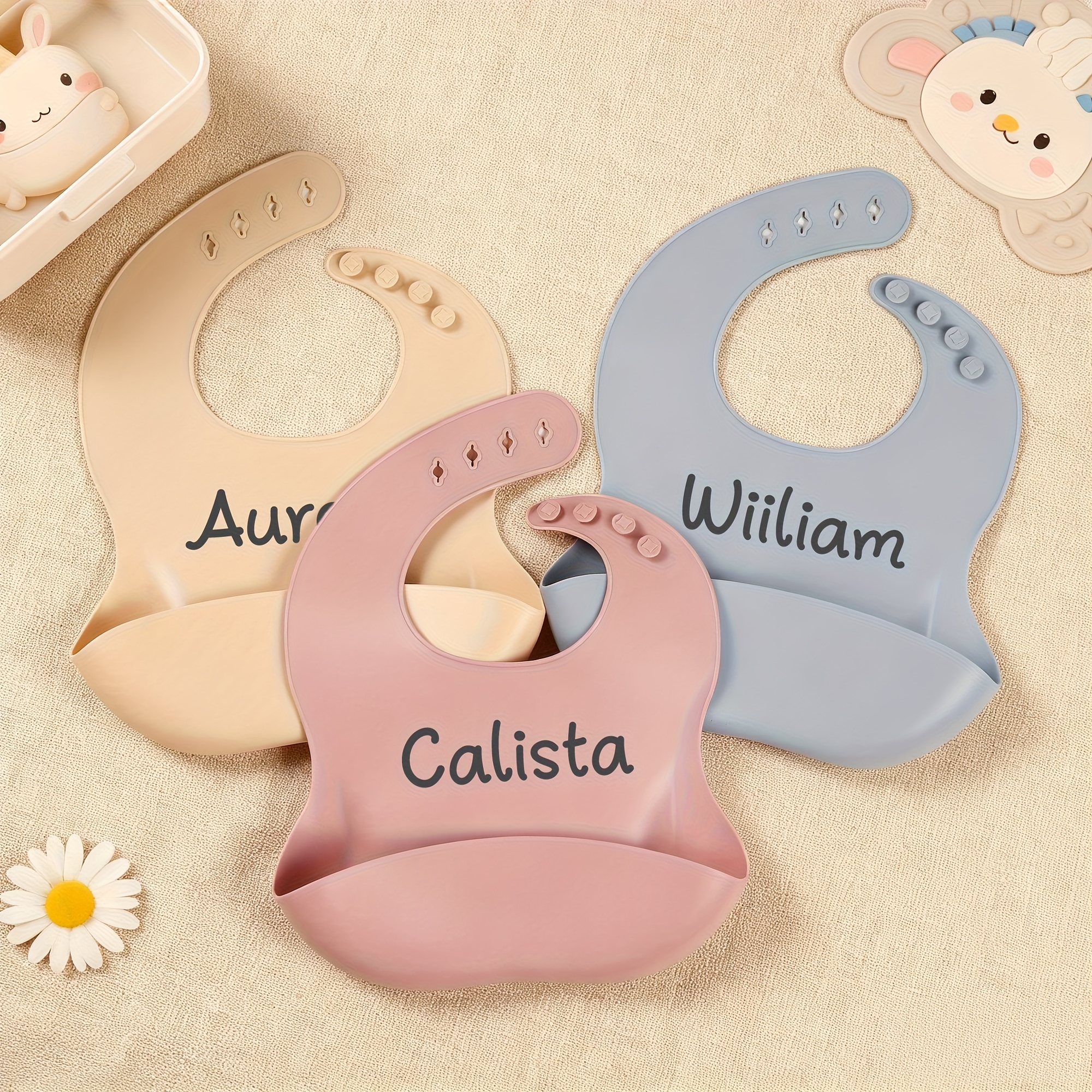 TEMU 1pc Personalized Silicone Baby Soft Bib - Engraved Name Bib, Adjustable, Vibrant Design, & Washable, Baby Shower Gift | Present | First Birthday