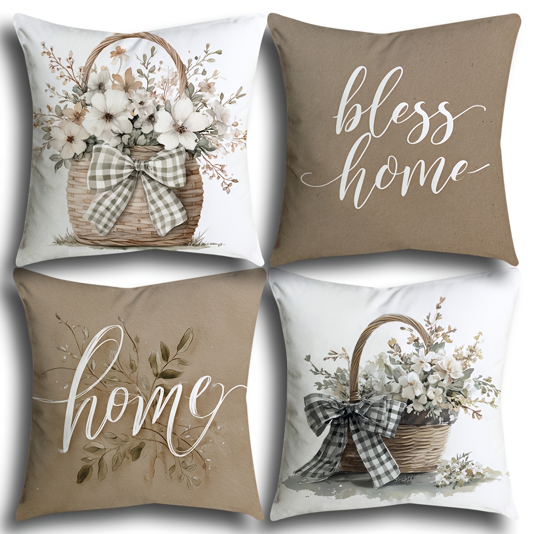 TEMU 4pcs Farmhouse Floral Basket Throw Pillow Covers With & Poem Text - Neutral Brown Suitable For Spring Festival Decor, Zipper Closure Cushion