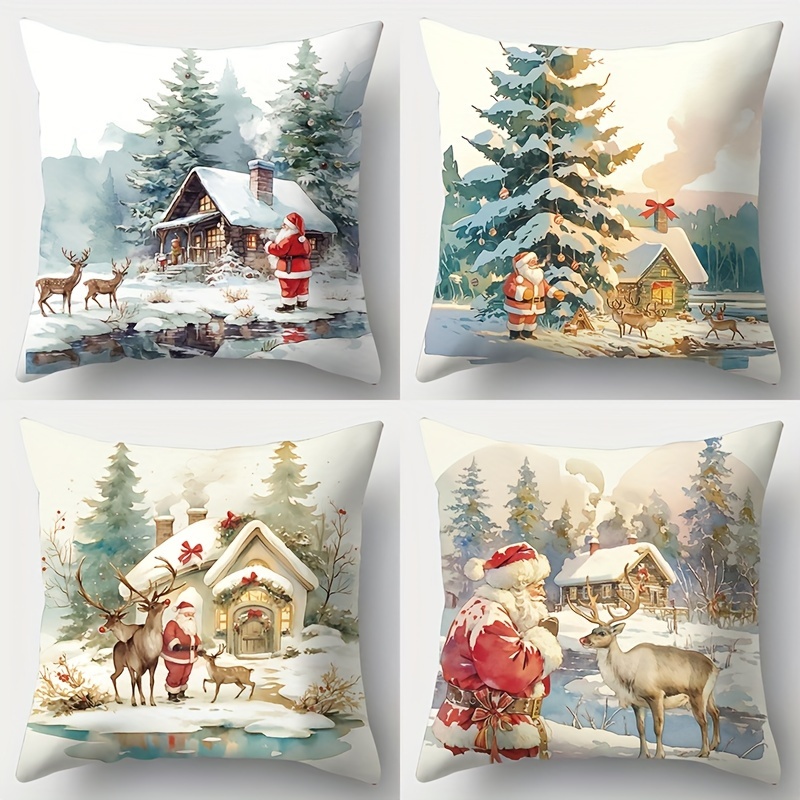 

Christmas Pillows: 4 Pieces Of Contemporary Style, Hand Wash Only, Printed Design, Zipper Closure, Suitable For Living Room Sofas, Beds, Bedroom Home Decor - The Holidays