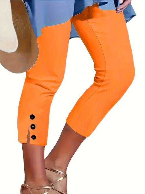 womens stretchy white capri pants with button details comfortable knit fabric casual wear style capri legging