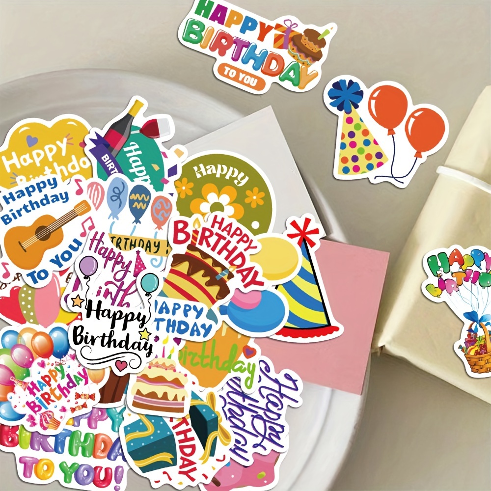 Image of 50pcs Colorful Happy Birthday Stickers - Fun Cartoon Designs With Cakes, Balloons & Party Hats For Birthday Party Favors, Card Decorations & Gift Seals, Birthday Party Decorations