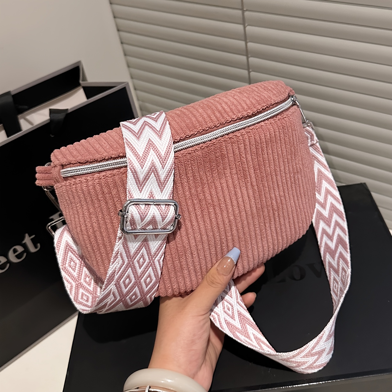 TEMU Retro Style Corduroy Crossbody Bag, Solid Easy Design Waist Pack, Women's Casual Chest Bag, Adjustable Shoulder Strap, Black. Coral Pink, Gray,