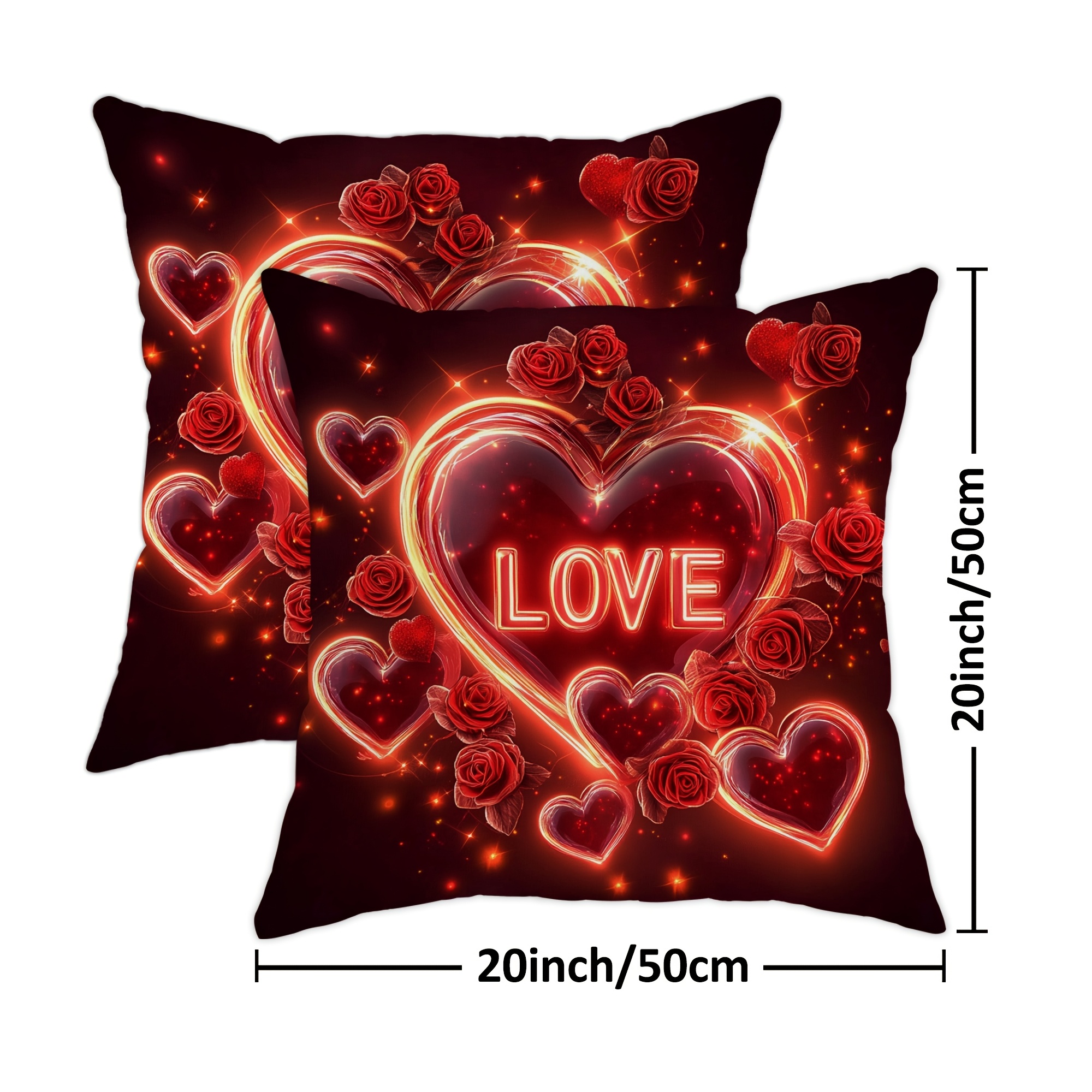 TEMU 2pcs Valentine's Day Decoration Red Glowing Heart-shaped Pattern Roses Embellishment Love And Velvet Throw Pillow Covers Cosy Soft Decorative