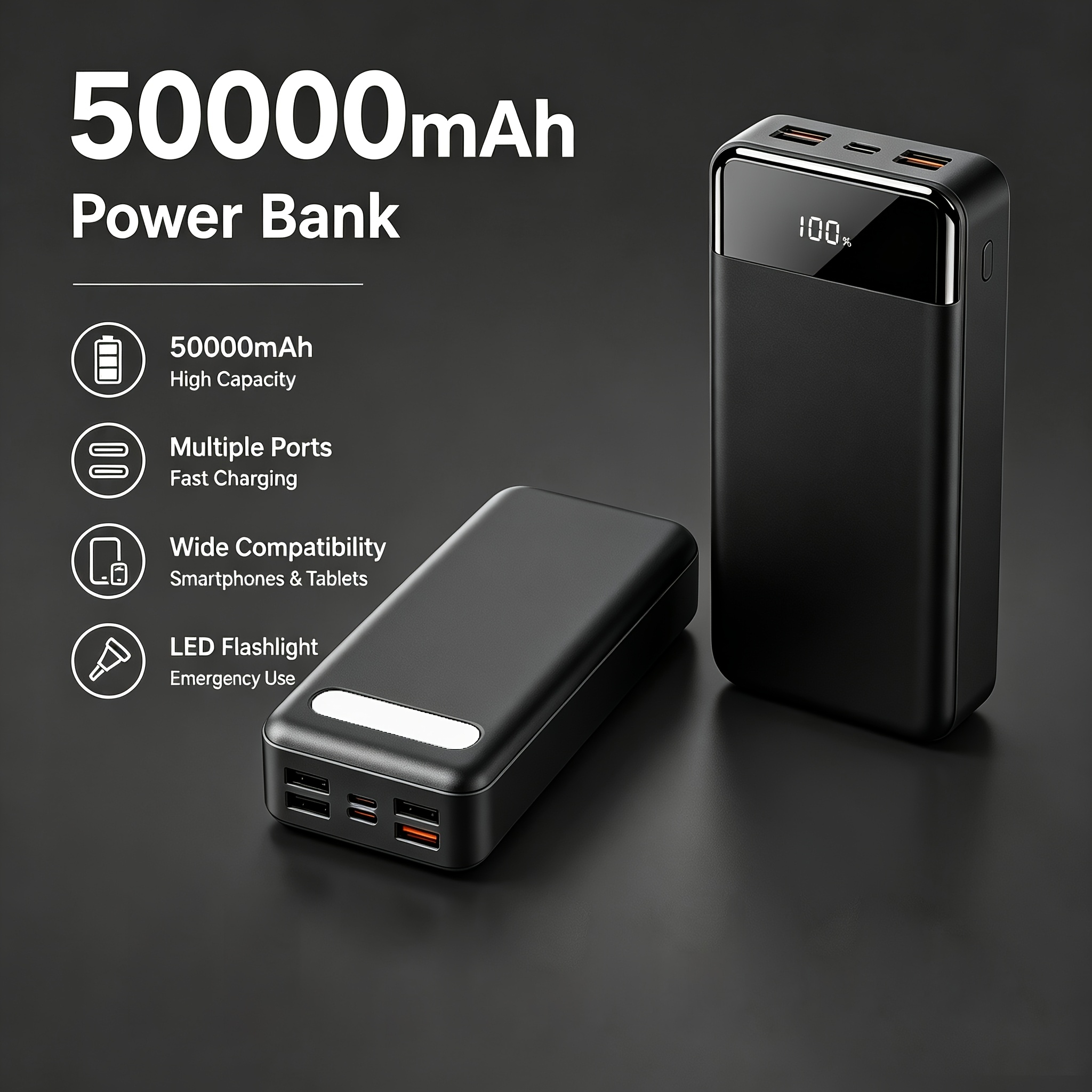 Image of 50000mah Portable Large Capacity Mobile Power Bank, Exquisite And Matching, 4 Usb Ports, 1 Type-c Port, 1 Micro Port, Flashlight, Fast Usb Charging, Suitable For Iphone, Devices Camping And Travel