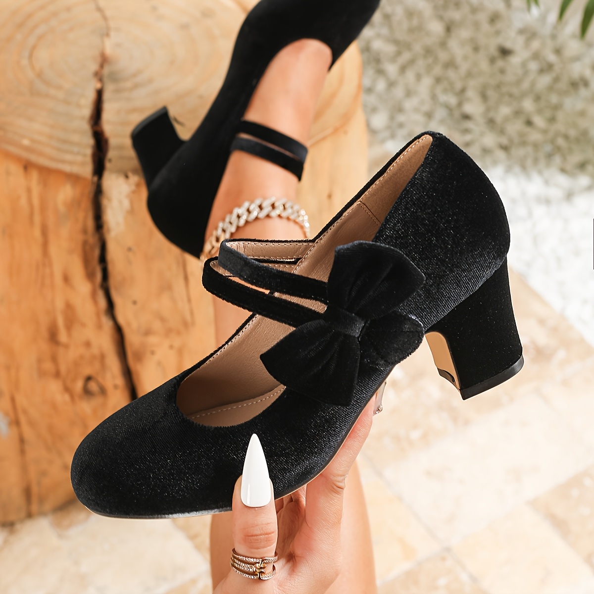 Velvet-look Bow Pumps For Women, Viral Style 2026 Summer New Comfortable Round Toe Block Heel Dress Shoes, Cute Retro Heels For Party, Inspired Outfit, Wedding Guest, Women Shoes
