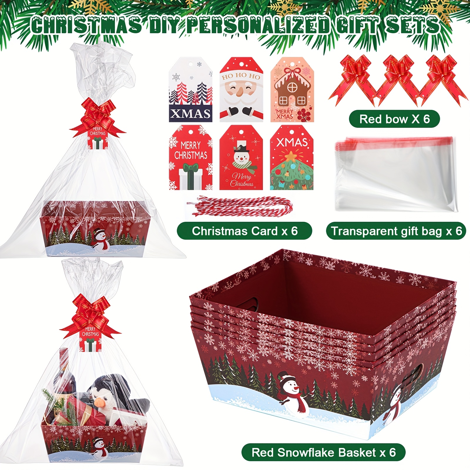 6 Sets (12 Large Baskets) Red Christmas Gift Baskets with Snowman Design & Sturdy Cardboard Construction - Assembly with Handles, Spacious Empty Baskets for Holiday Parties, Xmas Decorations, Gift Wrapping & Storage - Durable Party Supplies for Home
