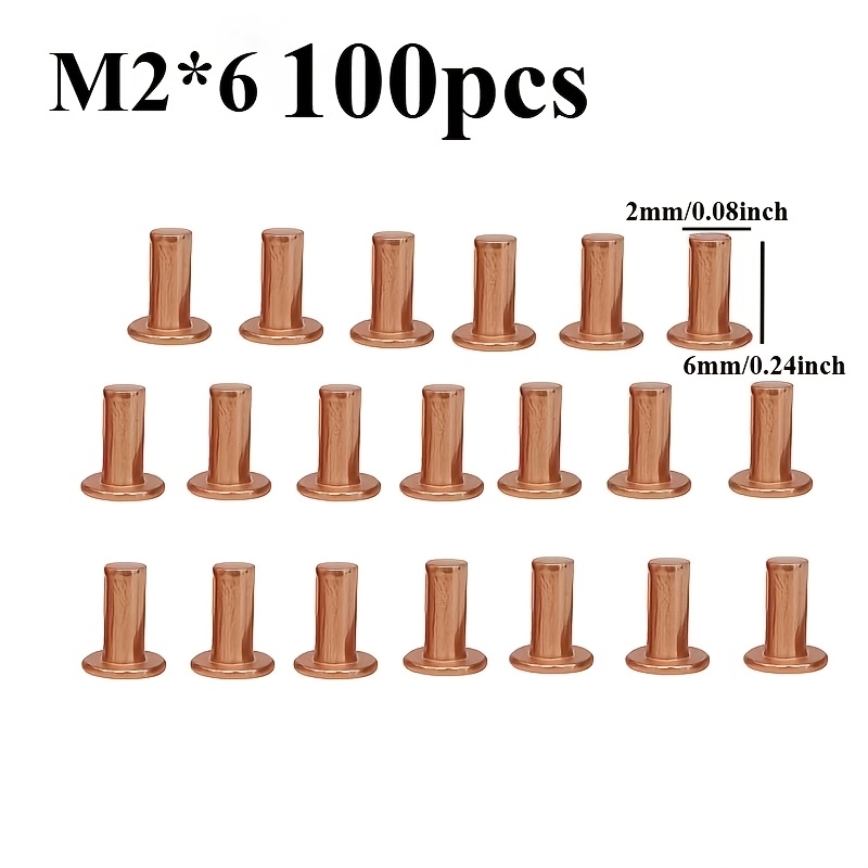 TEMU 100pcs Rivets pleins en cuivre pur, Rivets plats en cuivre, Attaches résistantes à la corrosion pour réparation de métal, M2 adaptés pour