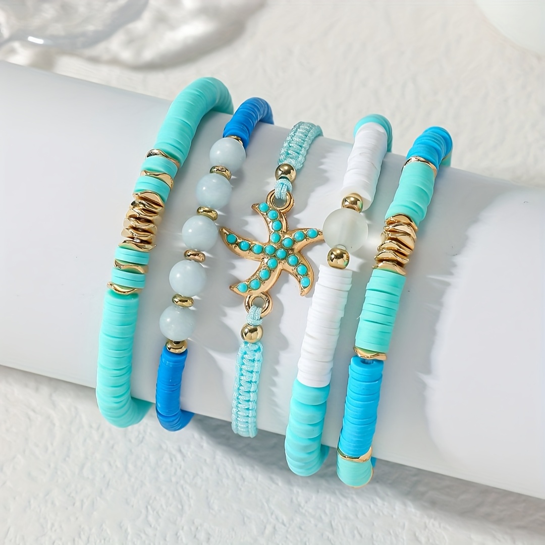 5pcs Minimalist Ocean Blue And Clay Woven Starfish Bracelet Set For Summer Beach Vacation Outfits