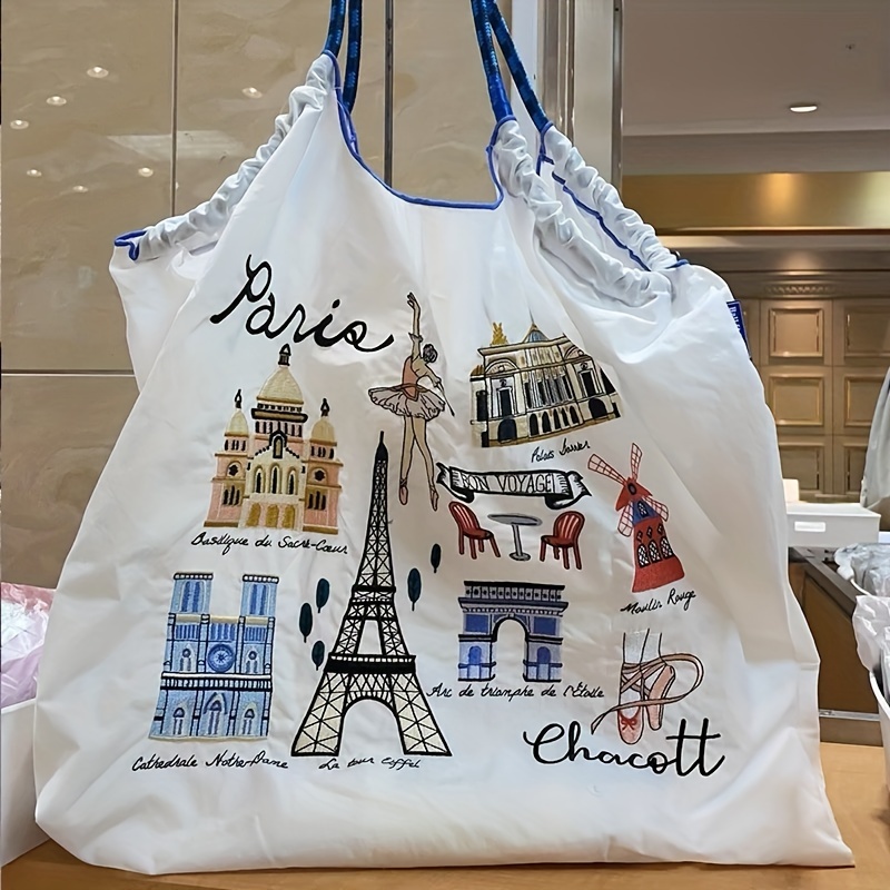 

Paris-themed Large Capacity Embroidered Tote Bag, Summer Beach Vacation Shoulder Bag, Lightweight Nylon Everyday Handbag
