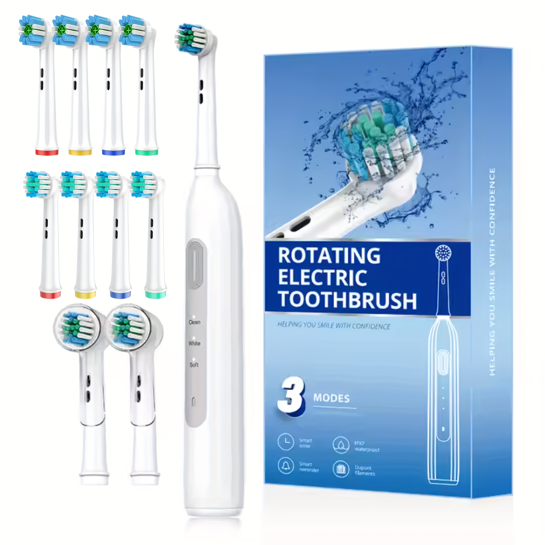 Powerful Rechargeable Electric Toothbrush- Compatible with Oral-B Brush Heads | Includes 10 Long-Lasting Replacement Heads | Ultra-Soft DuPont Bristles | 3 Cleaning Modes | USB-C Fast Charging | IPX7 Waterproof | Great Gift for Family or Travel