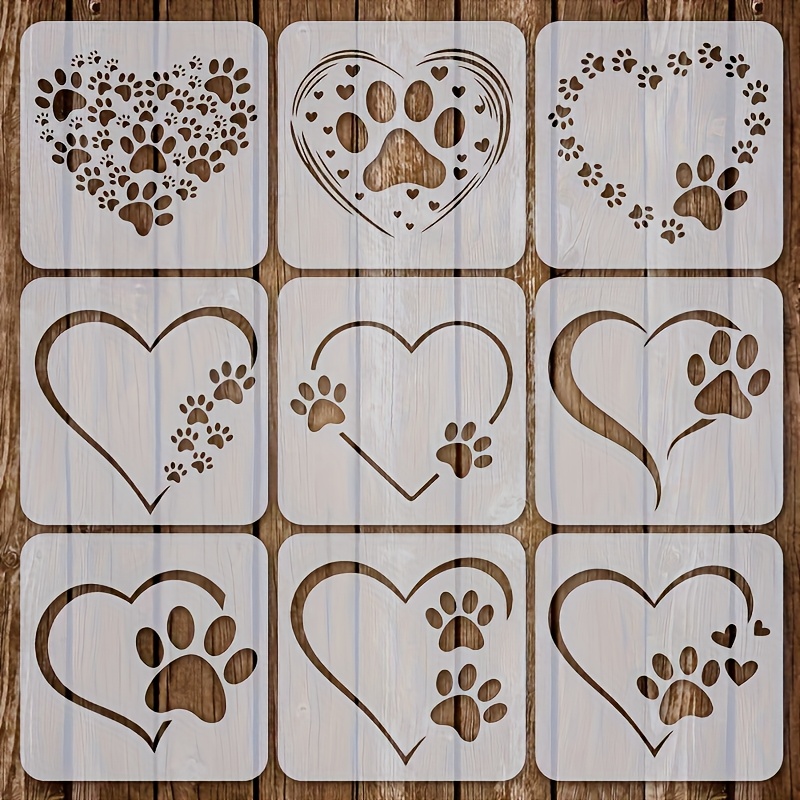 E-shop Ein Set aus 9 Herz-Schablonen im Haustier-Design, für Basteln, Wanddeko und Scrapbooking - Wiederverwendbare Hunde- und