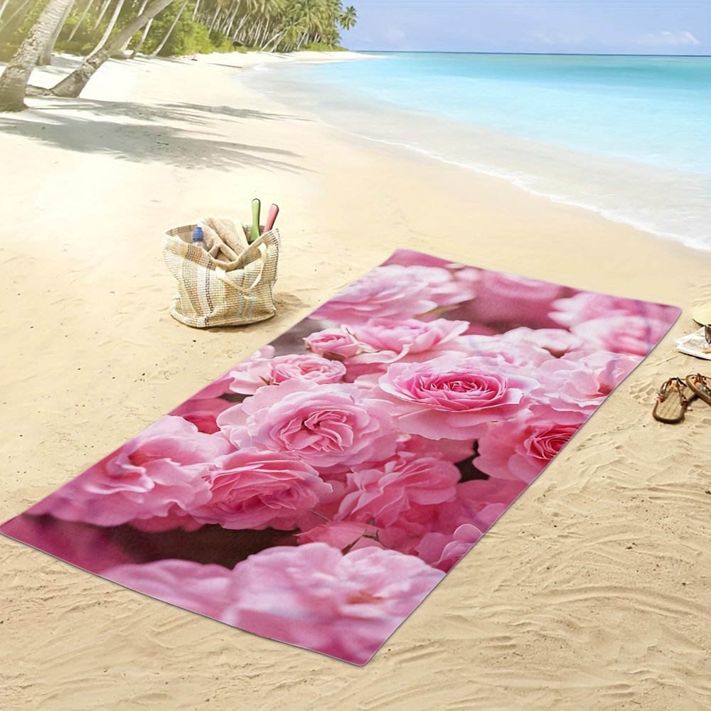 Oversized Pink Rose Print Beach Towel Soft Durable Polyester_voghion.com
