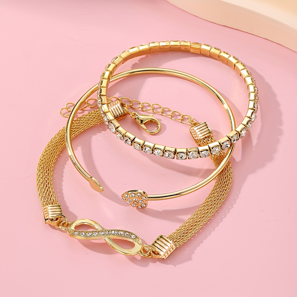 TEMU Set Of 3 Vintage-style Bracelets With Rhinestones, Featuring An Adjustable Heart-shaped And Infinity Symbol Design, Made Of Alloy. Perfect For Daily Wear And Gifting, Suitable For Any Season