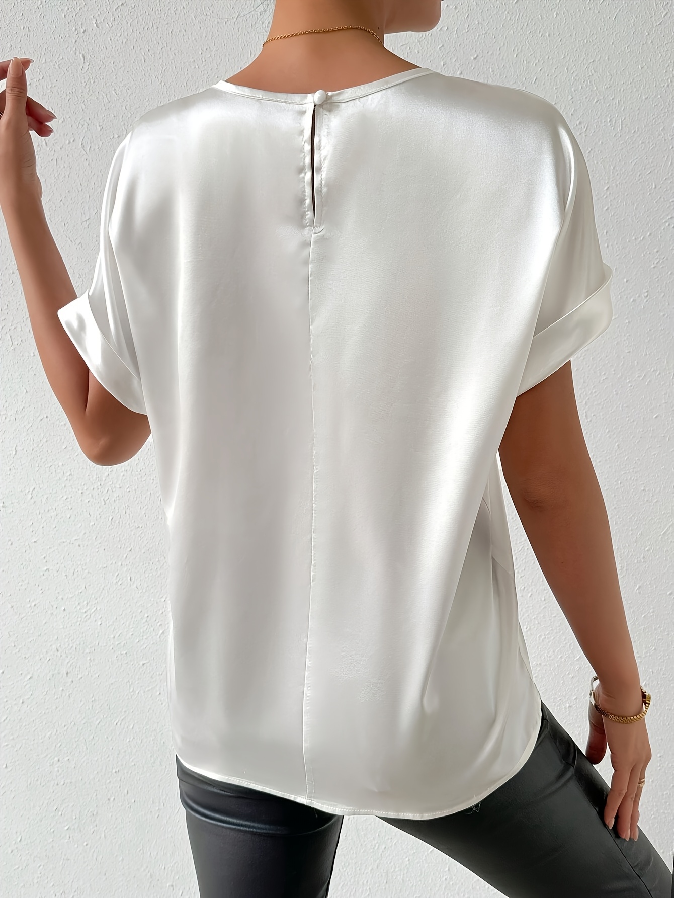 Women'S Elegant Satin Top, 100% Polyester Crew Neck Short Sleeve Solid Color Blouse, Regular Fit Casual Loose Tops for Spring/Summer, Woven Lightweight Fabric 120g/m? - All Seasons