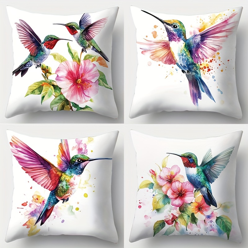 

Contemporary Hummingbird Floral Print Throw Pillow Covers Set Of 4 - Zipper Closure, Hand Wash, Polyester, Decorative Woven Cushion Cases For Living Room