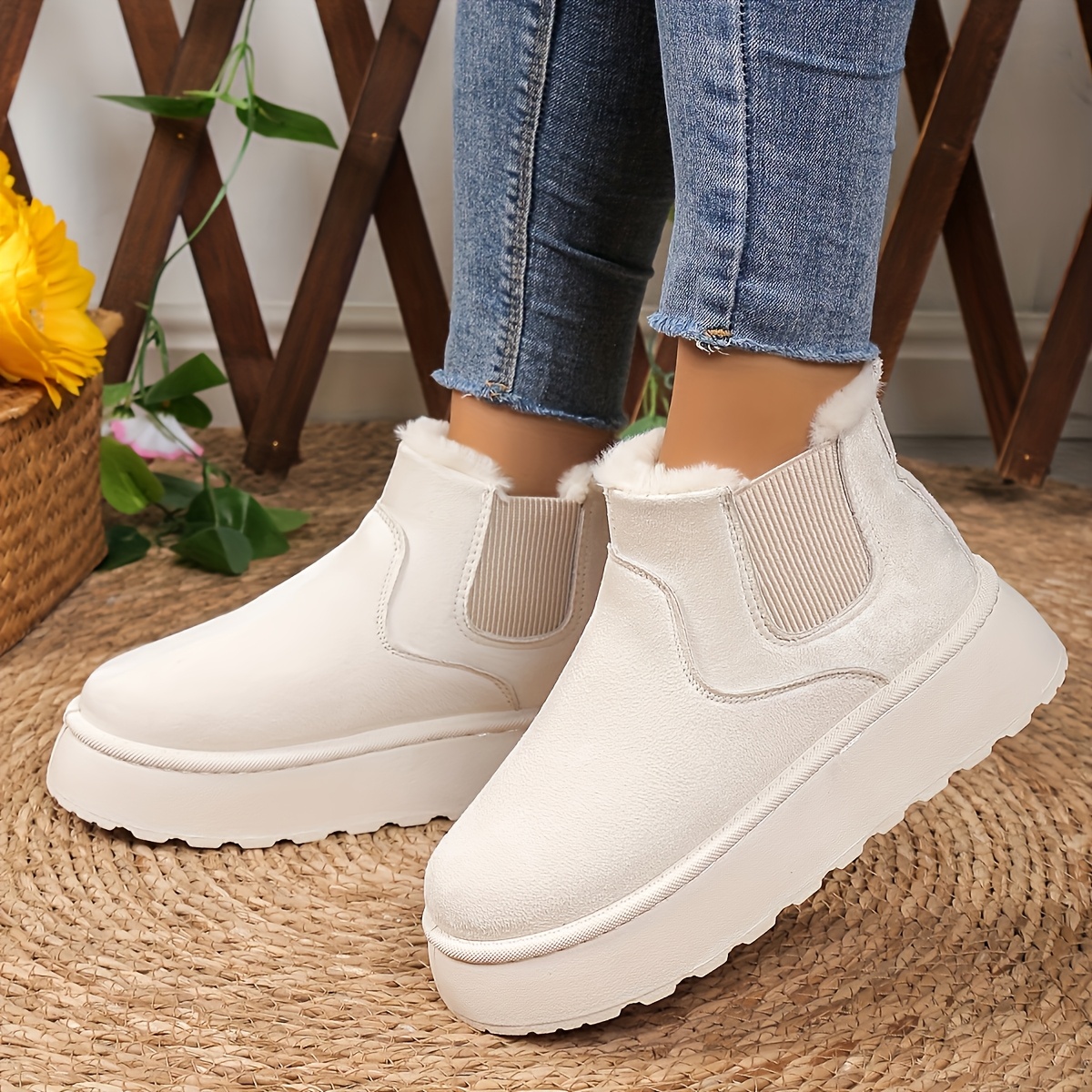 

Bottes d'Hiver Confortables pour Femmes - Doublées en Peluche, Bottines à Enfiler avec Semelle Épaisse & Bout Rond, Chaussures en Caoutchouc à Talon Mi-Haut pour Style , Bottes d'Hiver