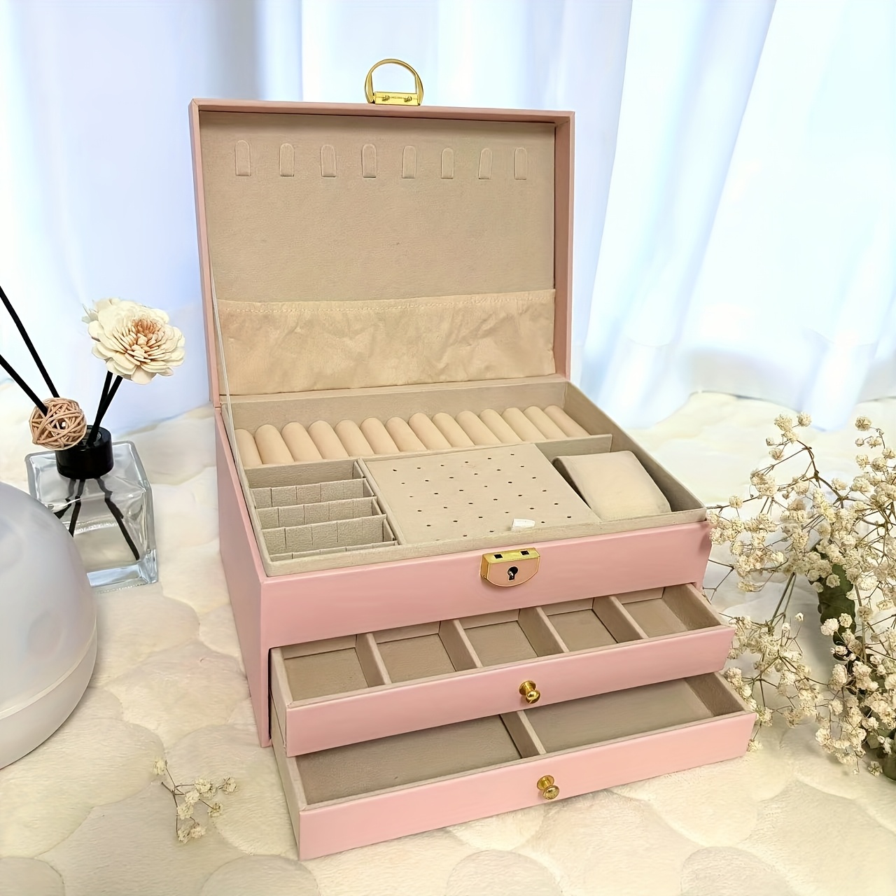   box organizer elegant   tier storage case with key lock closure soft fabric lined compartments for necklaces earrings bracelets rings perfect gift for women home   use durable construction jewelry organizer storage jewelry boxes Product details 4
