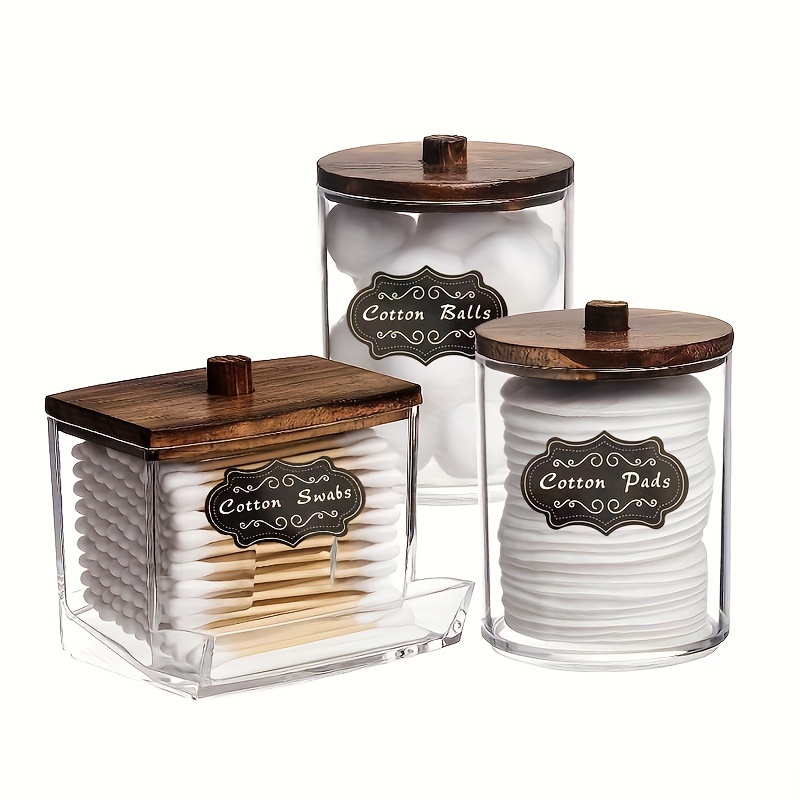 

3pcs Swabs Holder Bathroom Container With 6pcs Labels, Storage Box 10/7 Oz Cotton Ball/swabs Dispenser, Apothecary Jar Organizer For Storage Brown Wood Lids