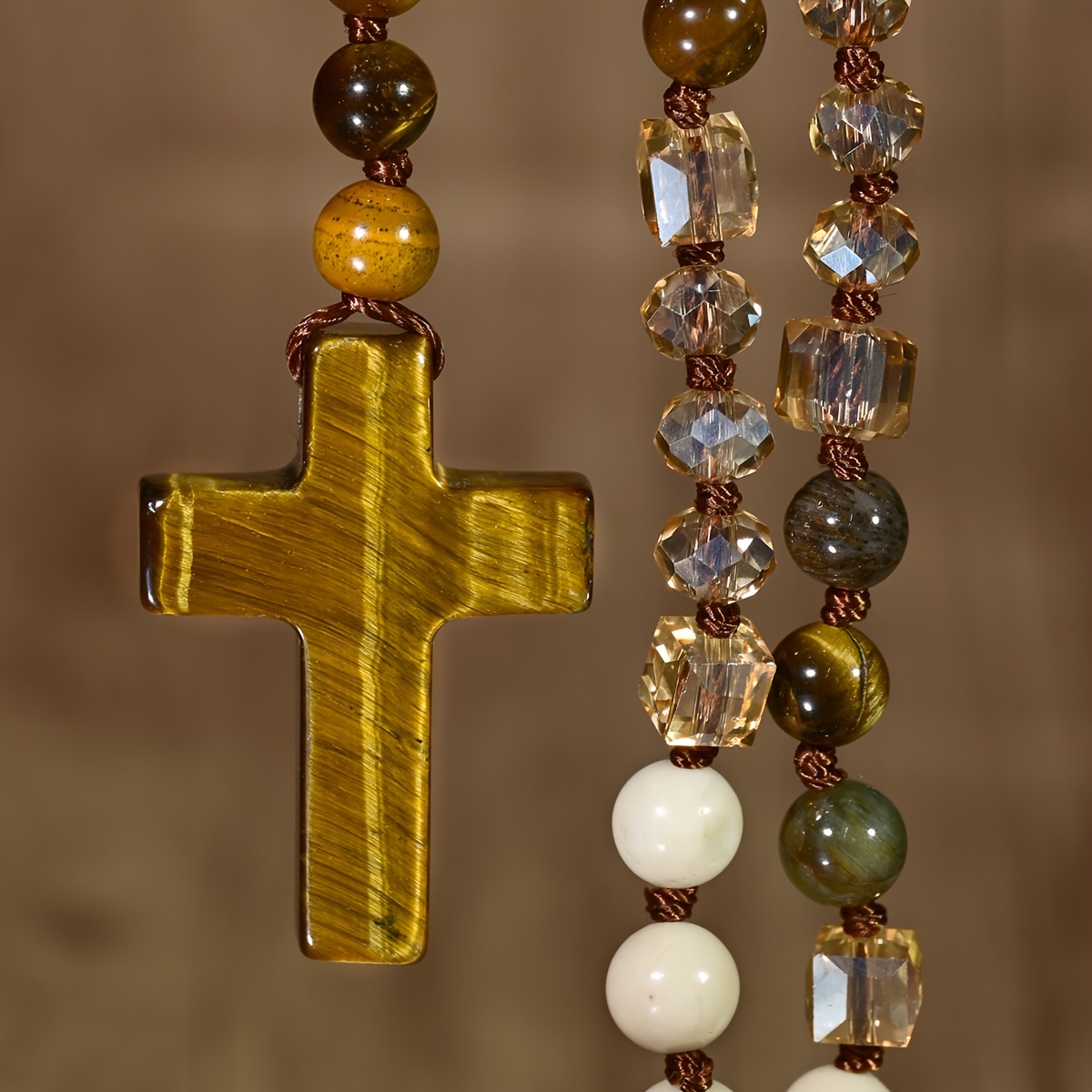 Unisex Natural Tiger Eye Cross Pendant Necklace