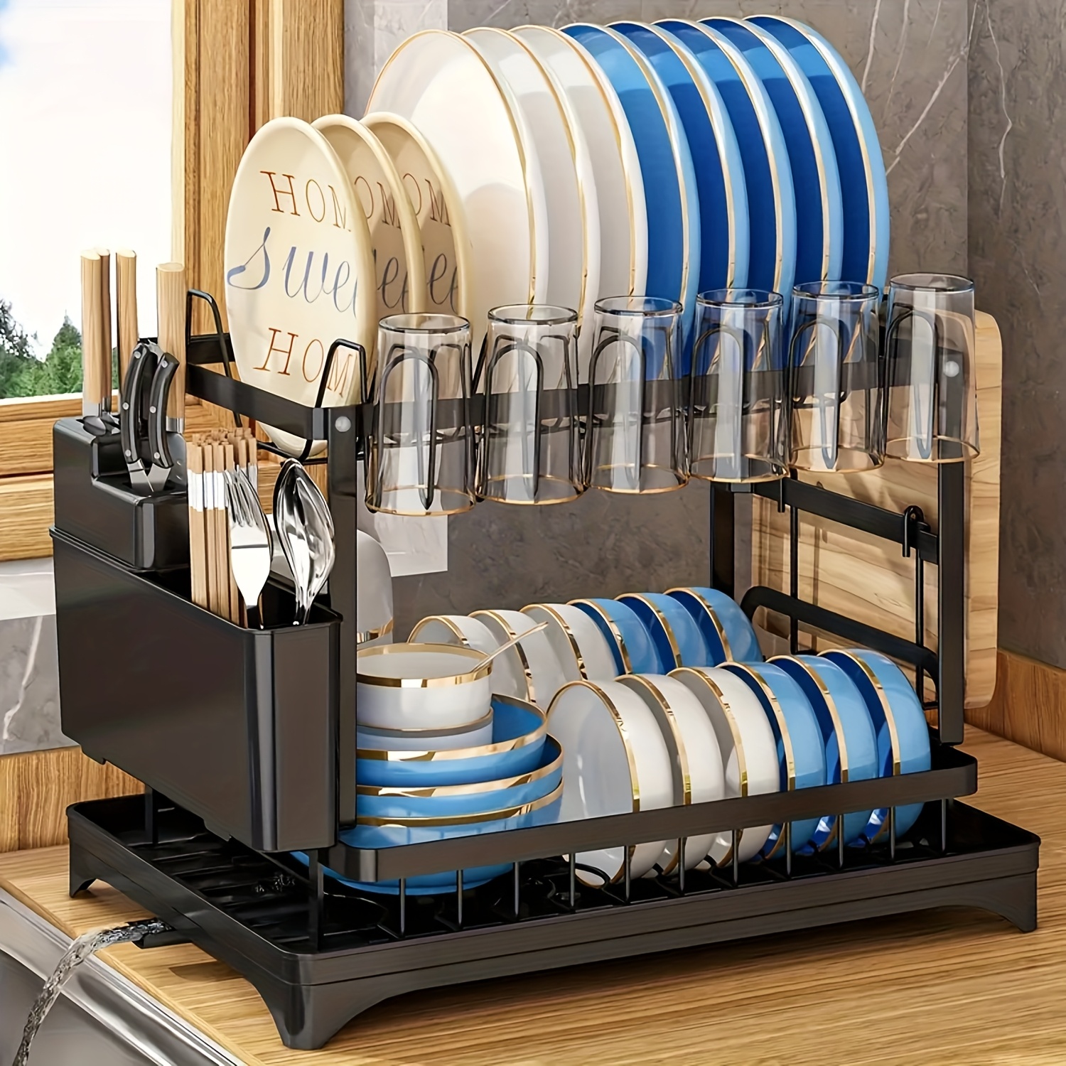 TEMU 2-tier Heavy-duty Stainless Steel Dish Drying Rack With Adjustable Drain Plate, Rotating Drainage System, Cup Holder & Utensil Hooks - Space-